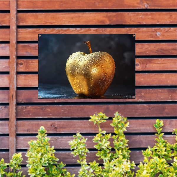 Gouden appel met glinsterende waterdruppels op donkere achtergrond tuinposter