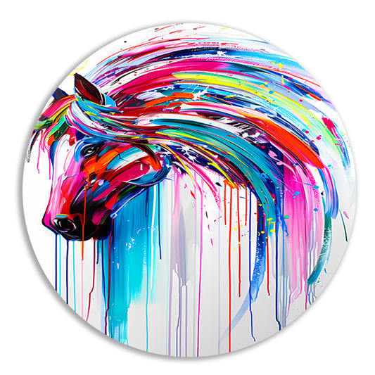 Abstract kleurrijk paardenschilderij voor moderne interieurs aluminium muurcirkel