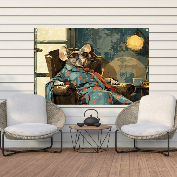 Ontspannen muis in vintage fauteuil tuinposter