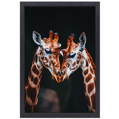 Twee giraffen met donkere achtergrond canvas met baklijst