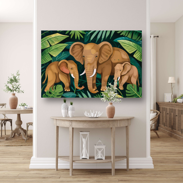 Familie Olifanten in het Groene Tropisch Woud canvas met baklijst