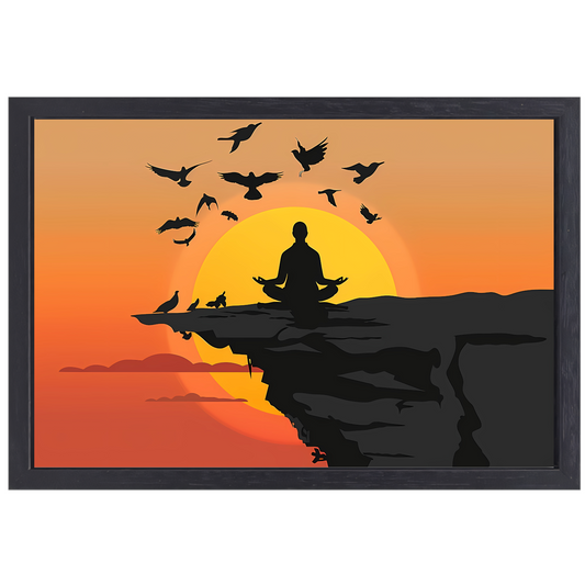 Silhouet Zonsondergang Meditatie canvas met baklijst