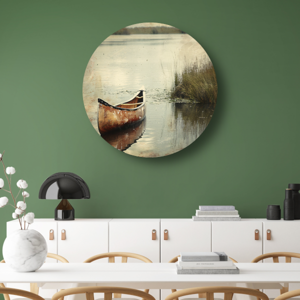 Impressionistische kano op kalm meer aluminium muurcirkel