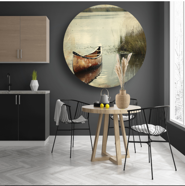 Impressionistische kano op kalm meer aluminium muurcirkel