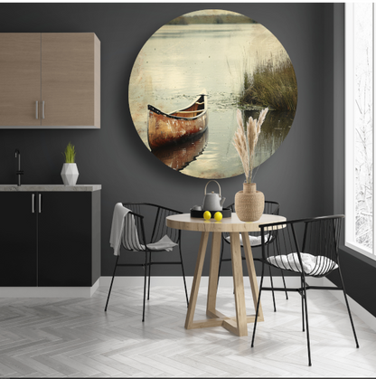 Impressionistische kano op kalm meer aluminium muurcirkel