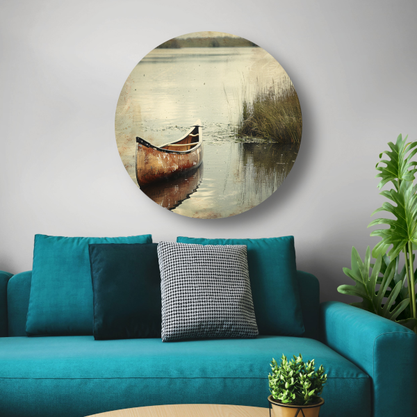 Impressionistische kano op kalm meer aluminium muurcirkel