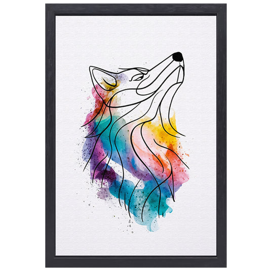 Kleurrijke abstracte wolf in aquarel canvas met baklijst