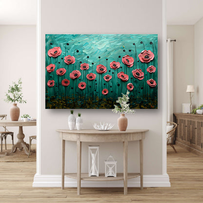 Abstracte kleurrijke bloemen in groen veld canvas met baklijst