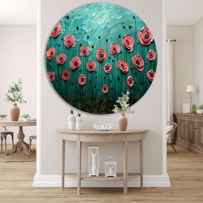 Abstracte kleurrijke bloemen in groen veld aluminium muurcirkel