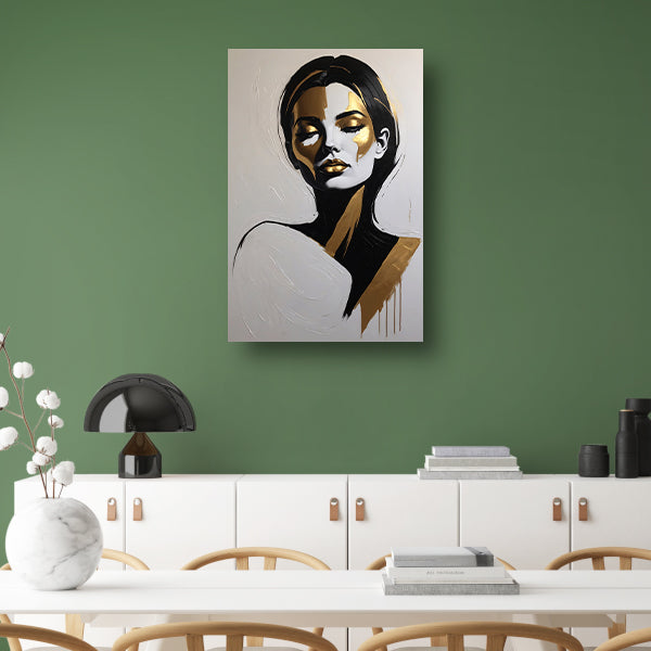Vrouwelijk Portret in Zwart, Wit en Goud Acrylglas