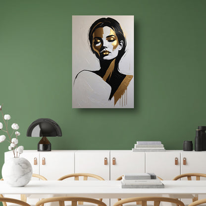 Vrouwelijk Portret in Zwart, Wit en Goud canvas met baklijst