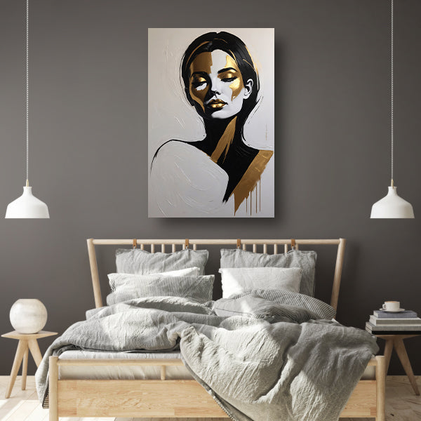 Vrouwelijk Portret in Zwart, Wit en Goud Acrylglas