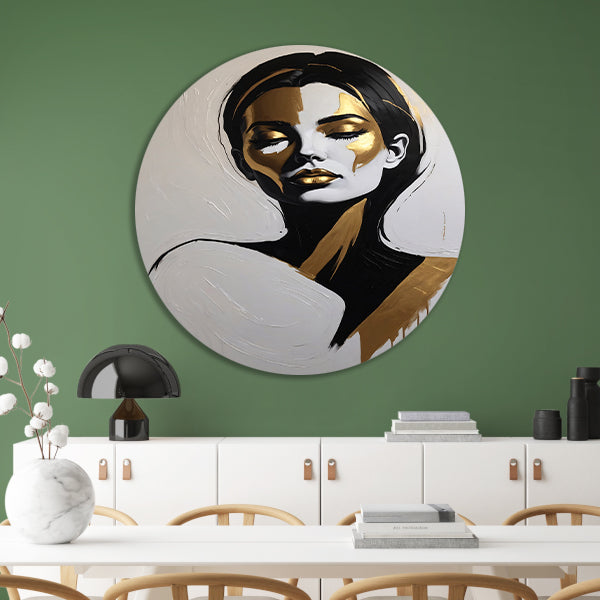 Vrouwelijk Portret in Zwart, Wit en Goud aluminium muurcirkel