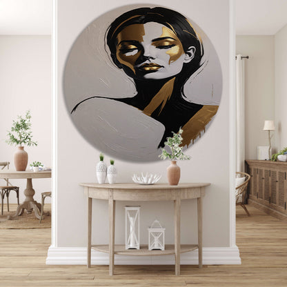Vrouwelijk Portret in Zwart, Wit en Goud aluminium muurcirkel