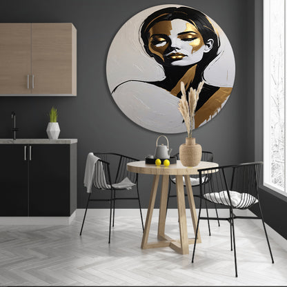 Vrouwelijk Portret in Zwart, Wit en Goud aluminium muurcirkel
