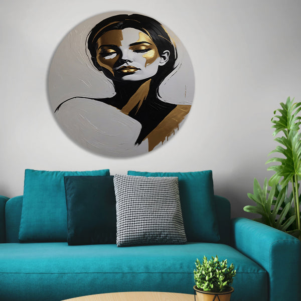 Vrouwelijk Portret in Zwart, Wit en Goud aluminium muurcirkel