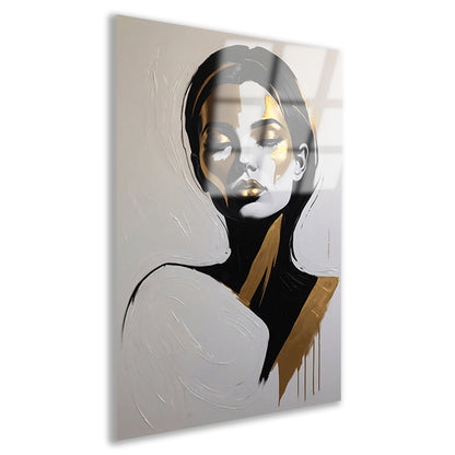 Vrouwelijk Portret in Zwart, Wit en Goud Acrylglas