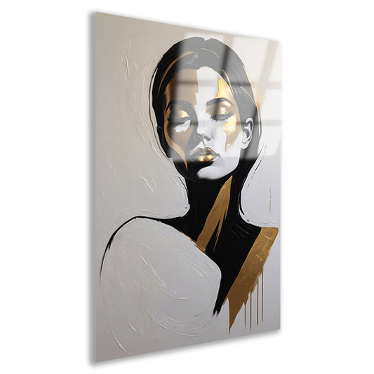 Vrouwelijk Portret in Zwart, Wit en Goud Acrylglas