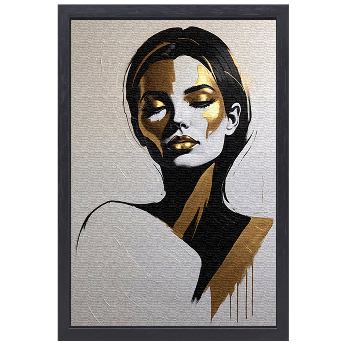 Vrouwelijk Portret in Zwart, Wit en Goud canvas met baklijst