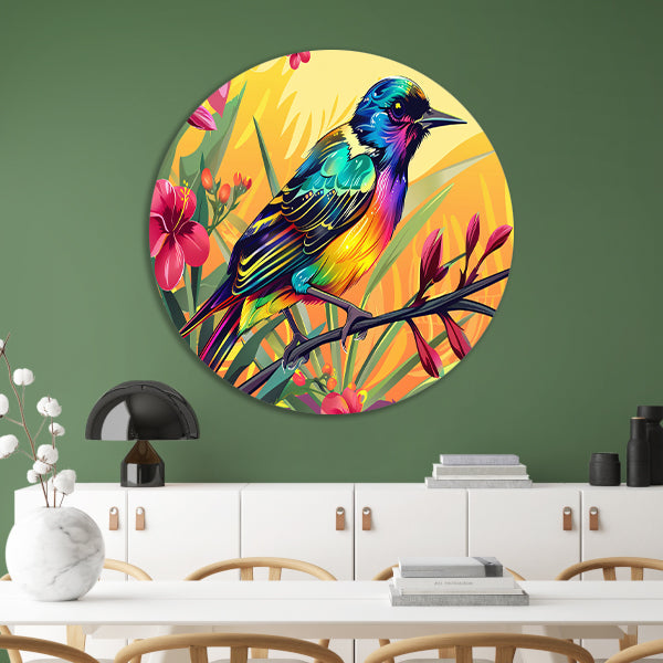 Kleurrijke tropische vogel met bloemen aluminium muurcirkel