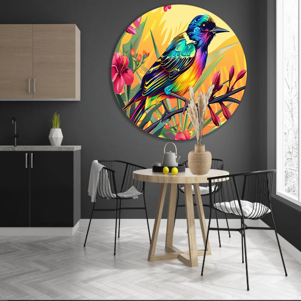 Kleurrijke tropische vogel met bloemen aluminium muurcirkel