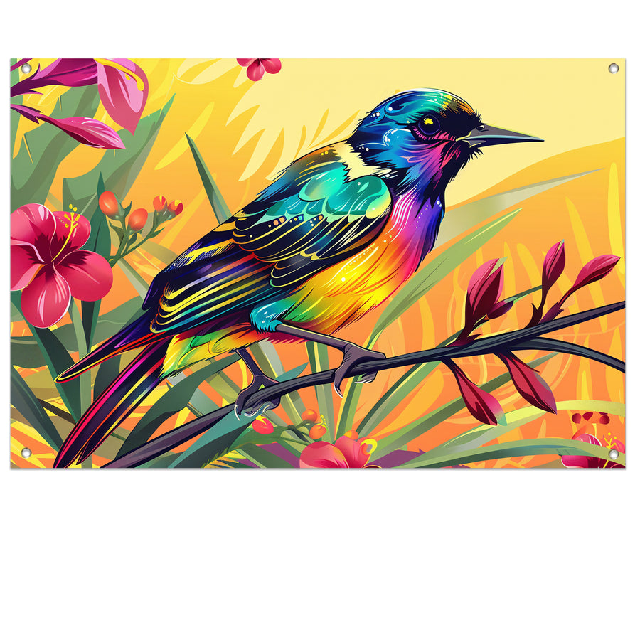 Kleurrijke tropische vogel met bloemen tuinposter