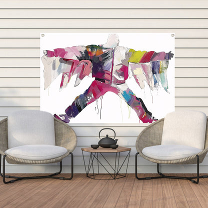 Kleurrijke abstracte figuur met dynamische vormen tuinposter