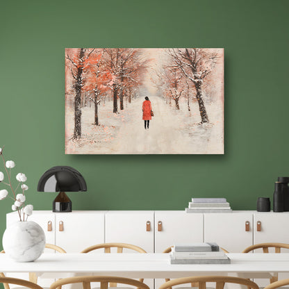 Vrouw wandelt in herfstlandschap met bomen poster