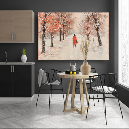 Vrouw wandelt in herfstlandschap met bomen poster