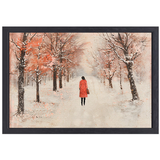 Vrouw wandelt in herfstlandschap met bomen canvas met baklijst