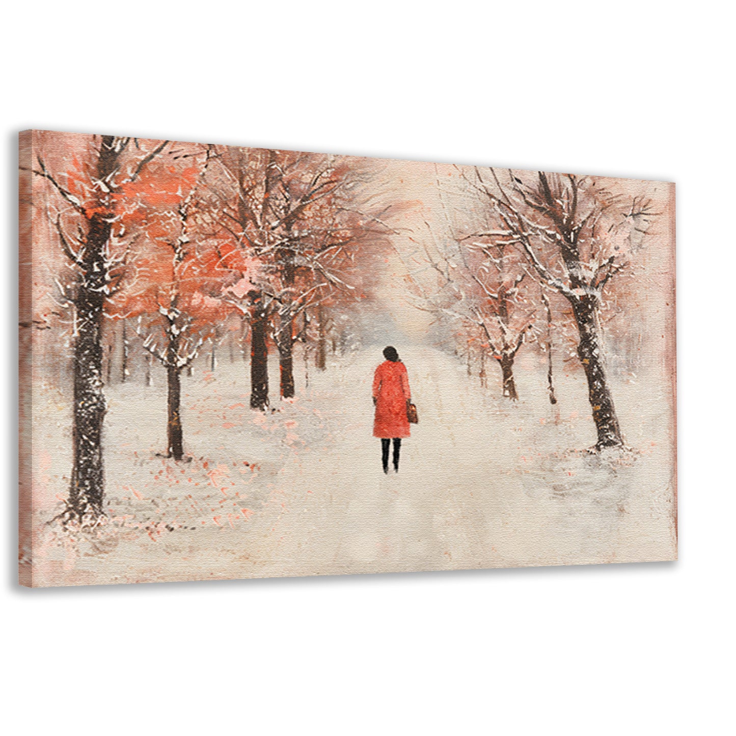 Vrouw wandelt in herfstlandschap met bomen canvas