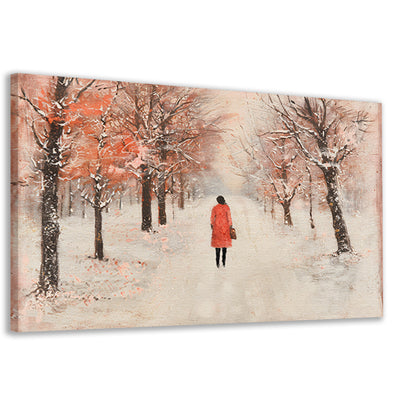 Vrouw wandelt in herfstlandschap met bomen canvas