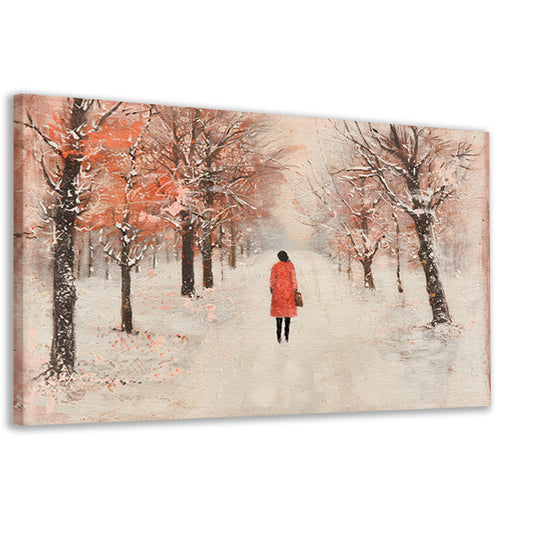 Vrouw wandelt in herfstlandschap met bomen canvas