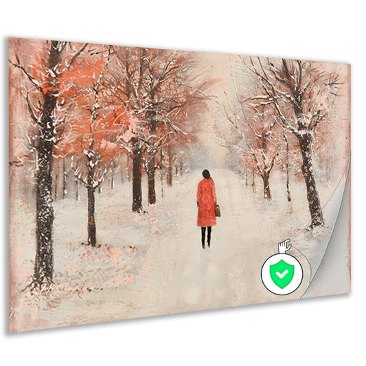 Vrouw wandelt in herfstlandschap met bomen poster