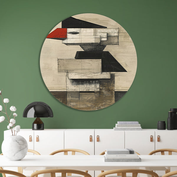Kubistische Vogel in Zwart-Wit en Rood aluminium muurcirkel