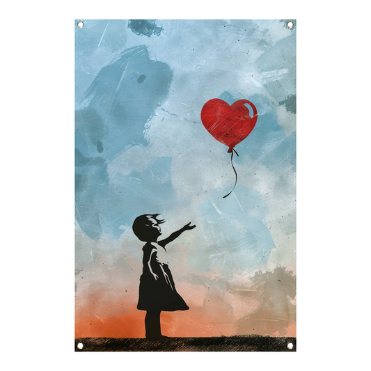 Silhouet van meisje met rode hartvormige ballon tuinposter