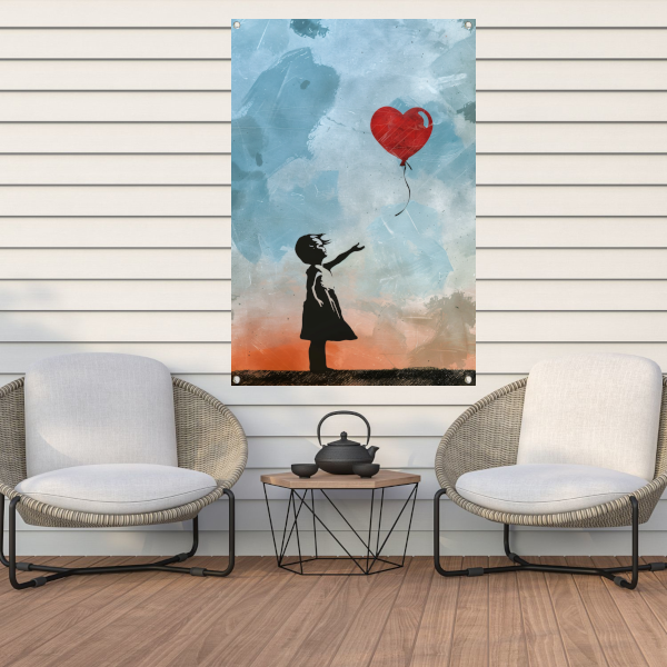 Silhouet van meisje met rode hartvormige ballon tuinposter