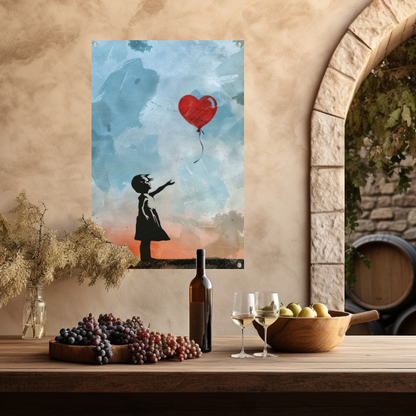 Silhouet van meisje met rode hartvormige ballon tuinposter