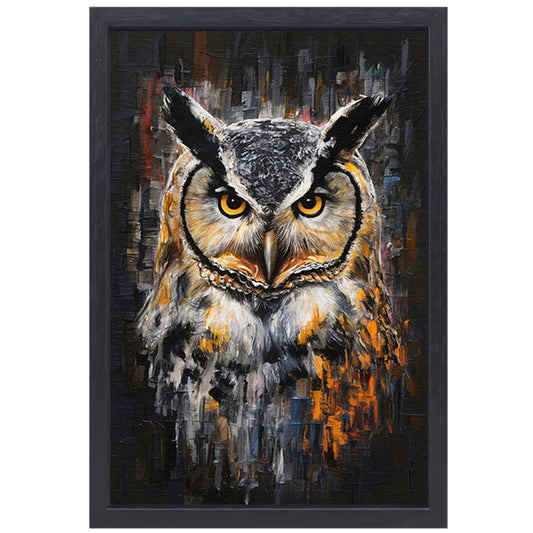 Uil met Oranje Ogen op Abstracte Achtergrond canvas met baklijst