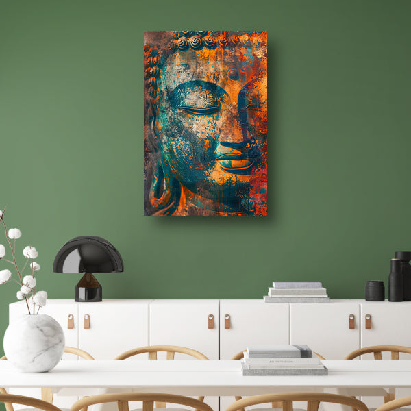 Levendig Boeddha-portret in rustieke stijl poster