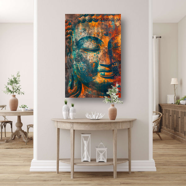 Levendig Boeddha-portret in rustieke stijl poster