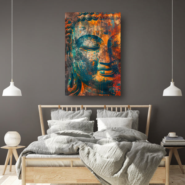 Levendig Boeddha-portret in rustieke stijl poster