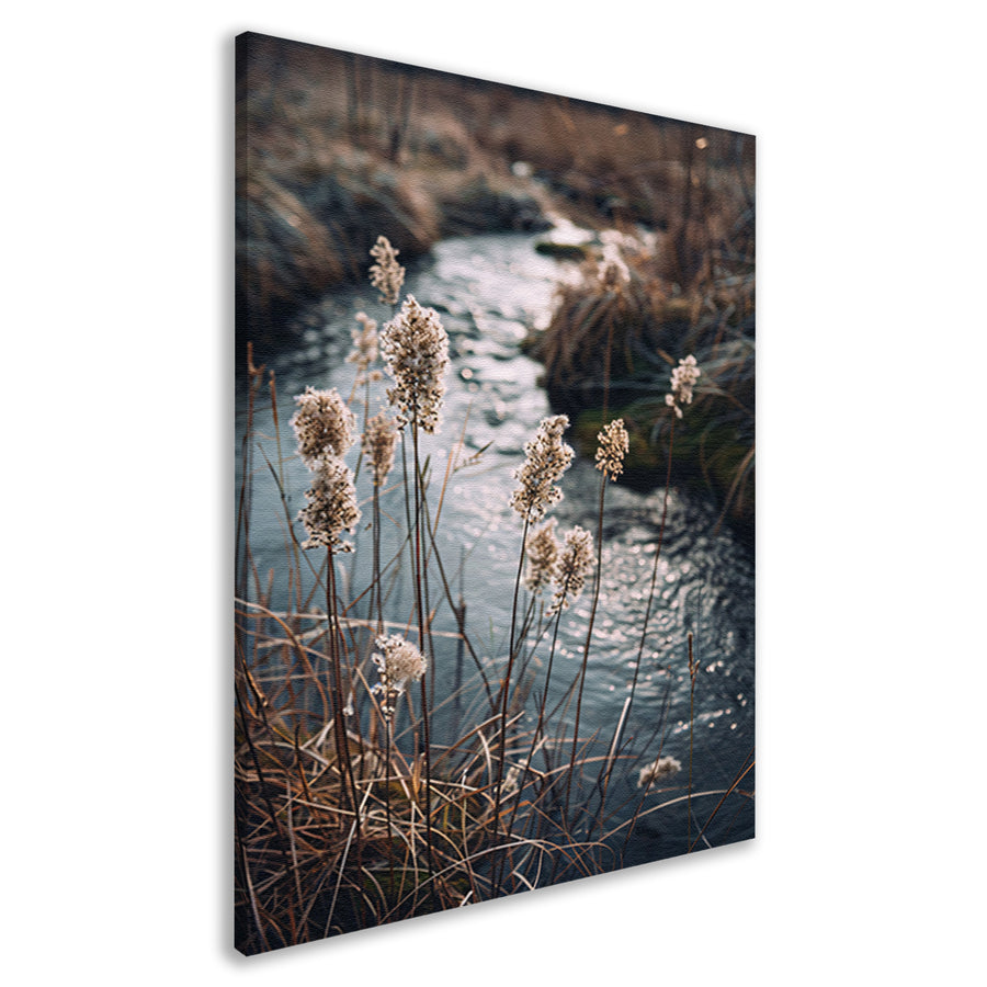 Rietpluimen langs kabbelend water canvas