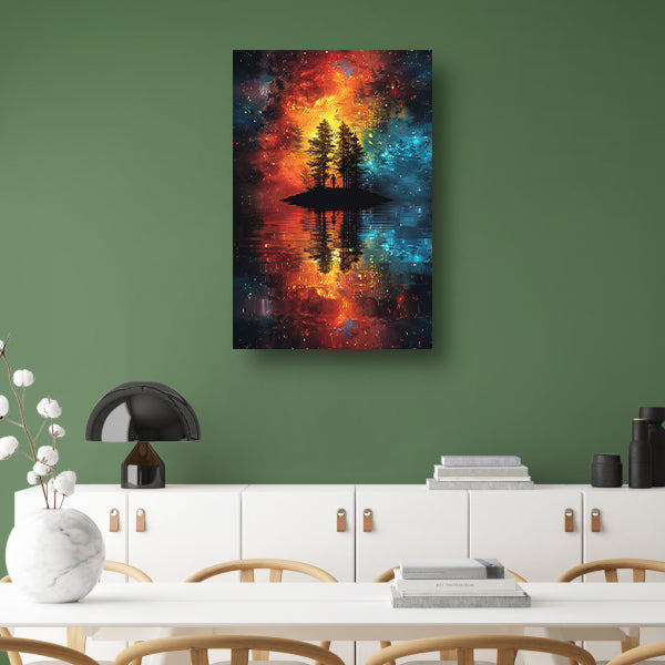 Eenzame figuur op kosmisch eiland canvas met baklijst