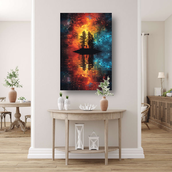 Eenzame figuur op kosmisch eiland canvas met baklijst