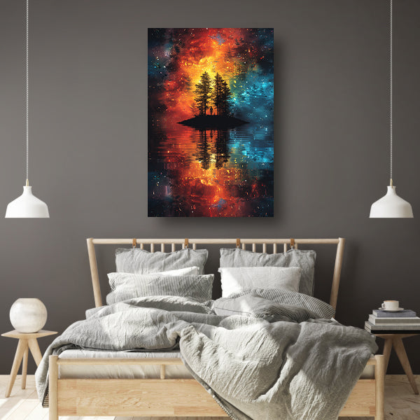 Eenzame figuur op kosmisch eiland canvas met baklijst