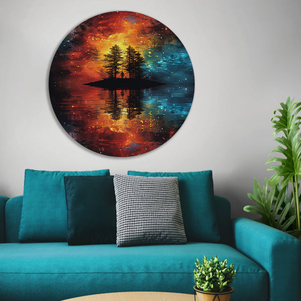Eenzame figuur op kosmisch eiland aluminium muurcirkel