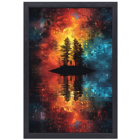 Eenzame figuur op kosmisch eiland canvas met baklijst