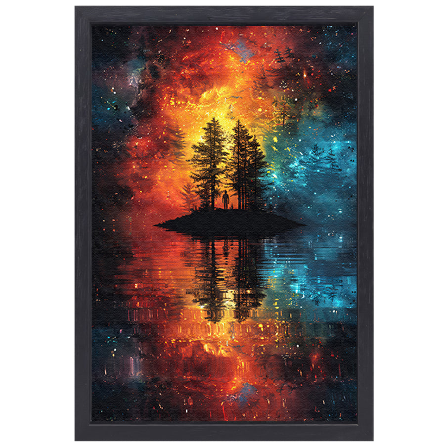 Eenzame figuur op kosmisch eiland canvas met baklijst