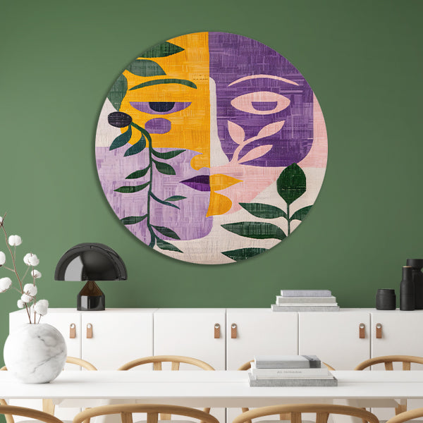 Abstracte gezichten met bladeren in kleur aluminium muurcirkel